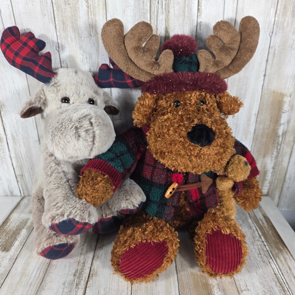 Christmas Plush Reindeer Bear and Moose Set Holiday Plaid Decor 21in 16in